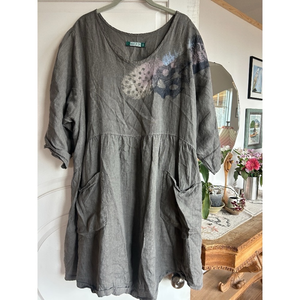 Blue Fish Hand Made Hand printed and sewed linen dress Feathers and Pockets! ✨💫